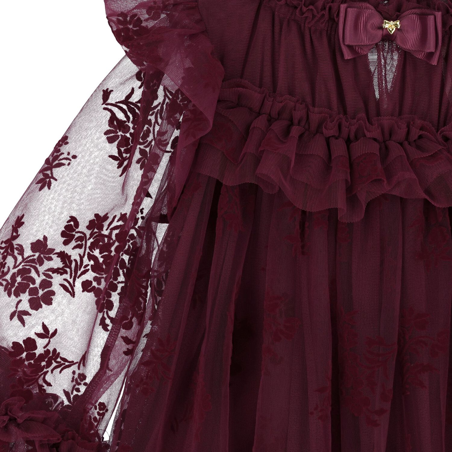 Girls Burgundy Floral Ruffled Tulle Dress, 1, hi-res