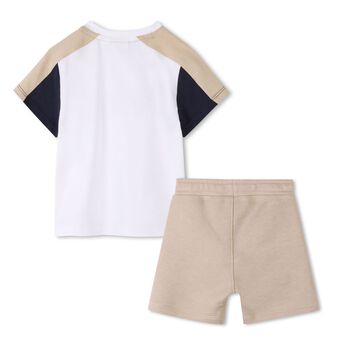 Younger Boys White & Beige Logo Shorts Set