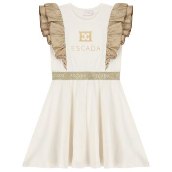 Girls Ivory & Gold Logo Ruffled Dress