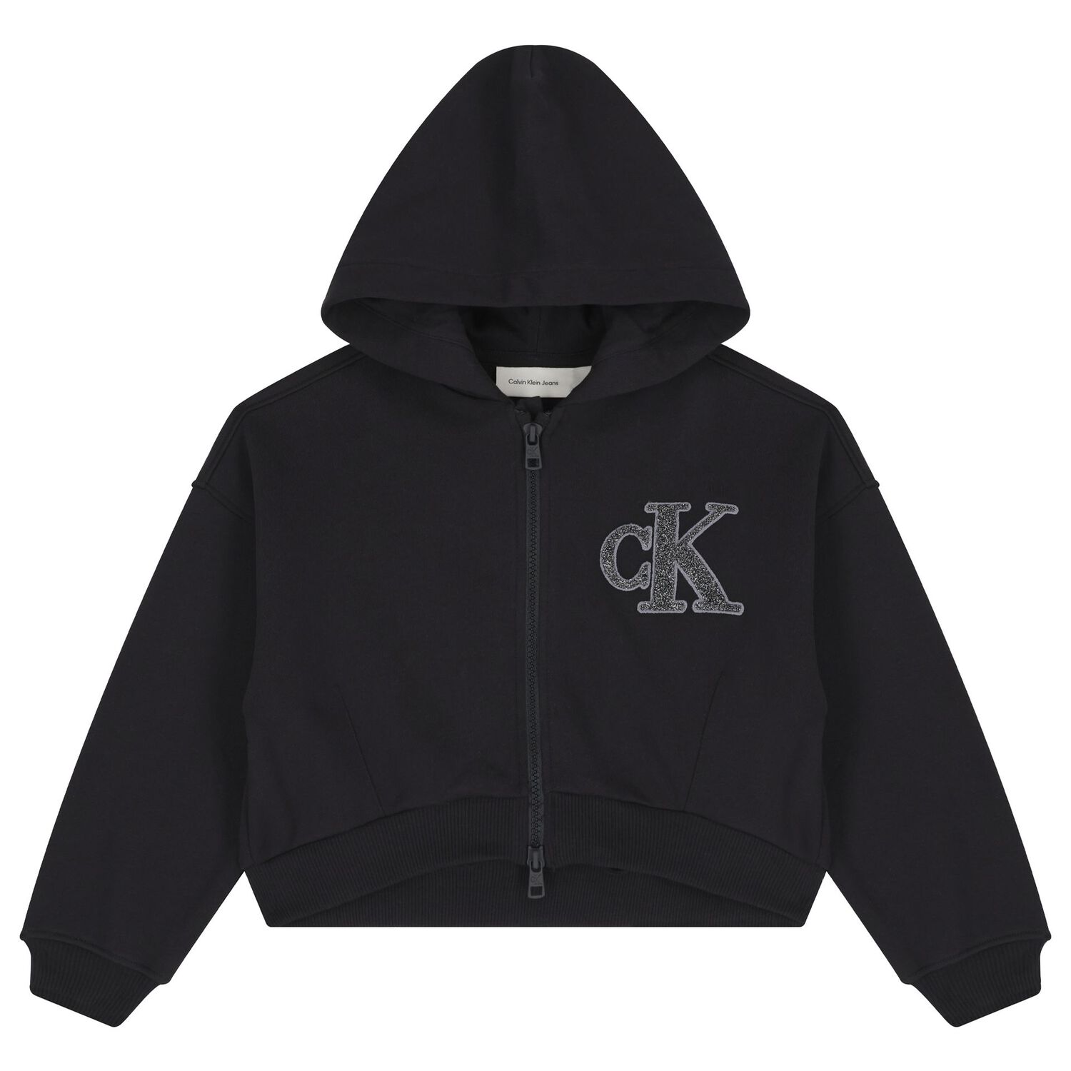 Girls Black Logo Hooded Zip Up Top, 1, hi-res