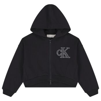 Girls Black Logo Hooded Zip Up Top