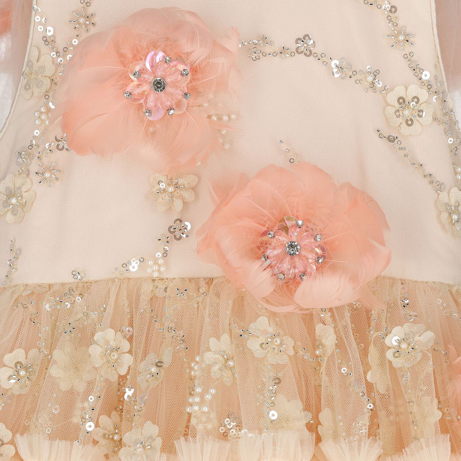 Girls Pink 3D Flower Tulle Dress, 1, hi-res