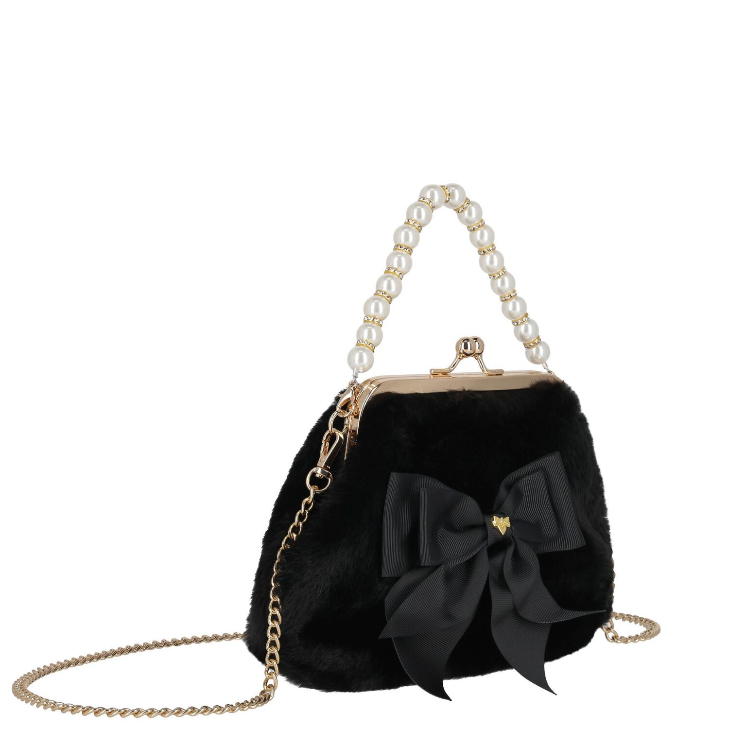 Girls Black Faux Fur Handbag, 1, hi-res