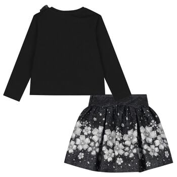 Girls Black Embellished Floral Skirt Set