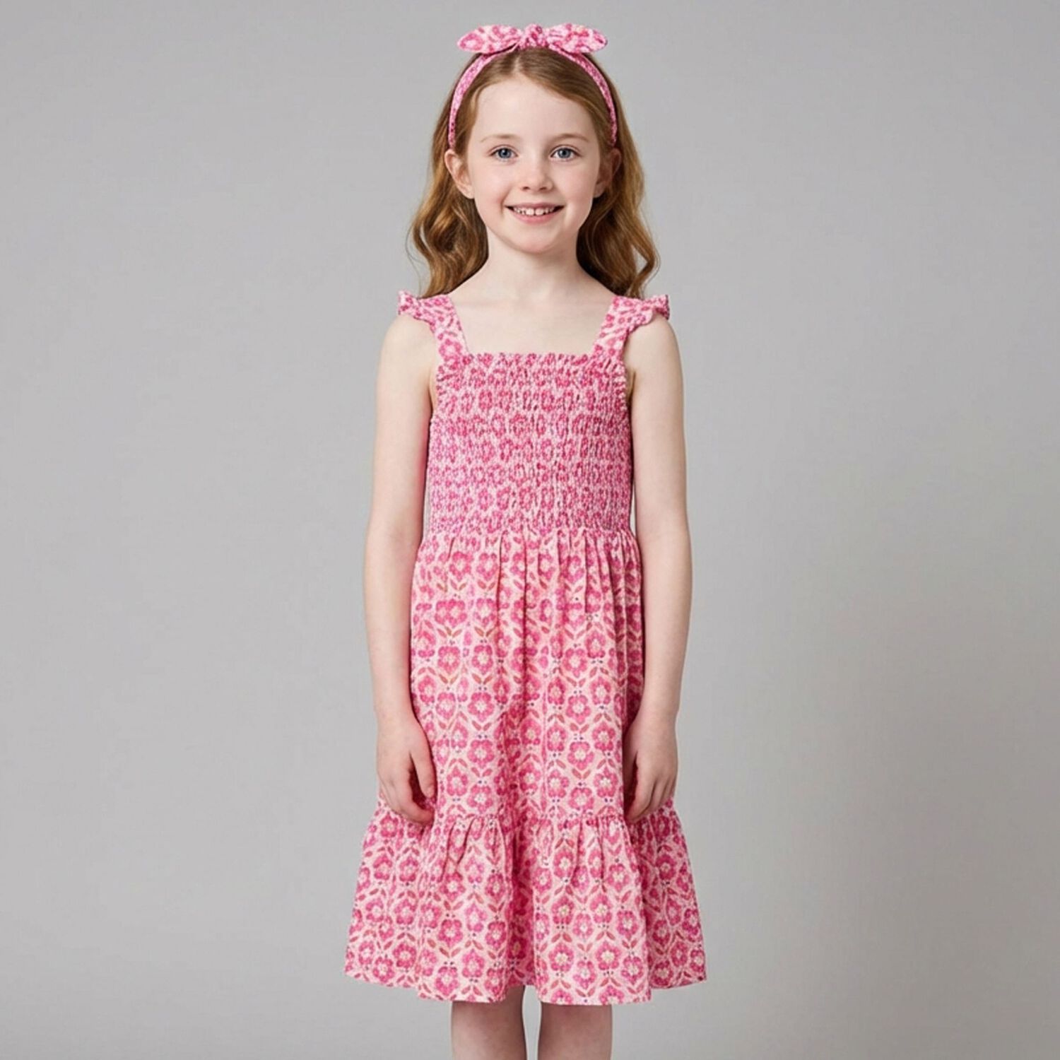 Girls Pink Floral Smocked Dress Set, 2, hi-res
