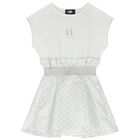 Girls White & Silver Logo Jacquard Dress, 1, hi-res