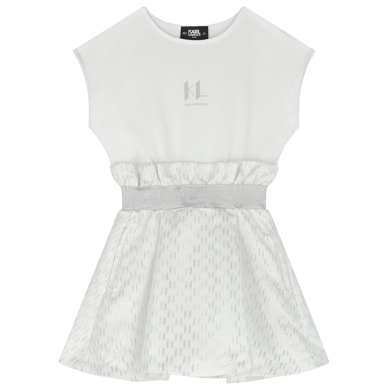 Girls White & Silver Logo Jacquard Dress, 1, hi-res
