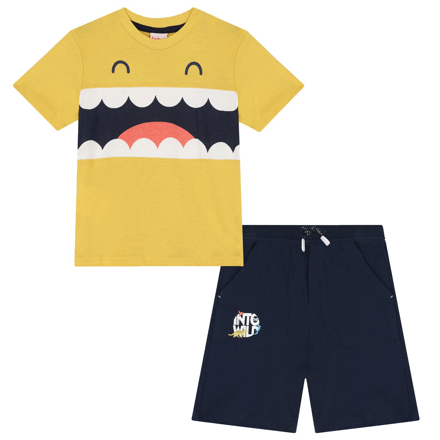 Boys Yellow & Navy Blue Smiley Shorts Set, 1, hi-res