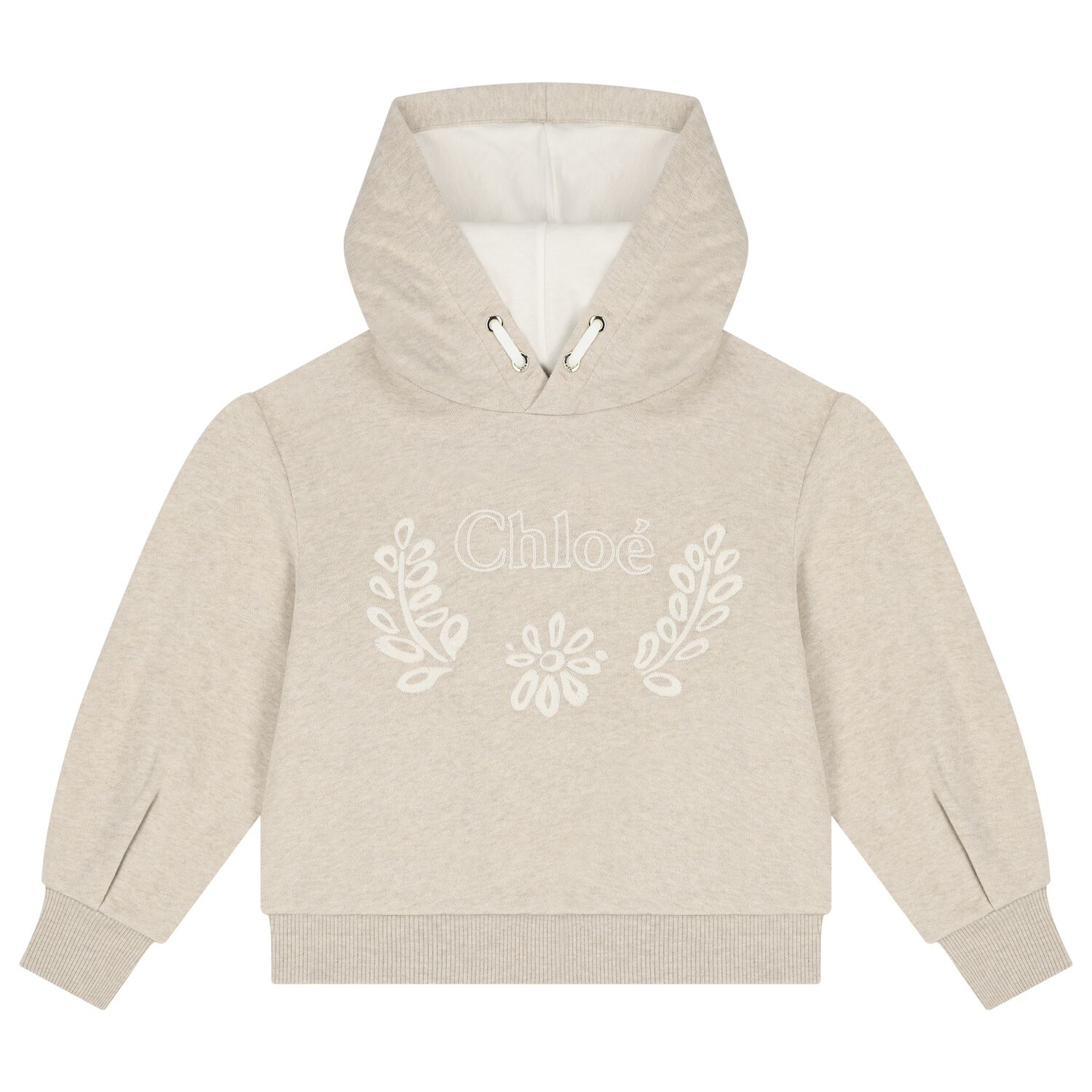 Girls Beige Embroidered Logo Hooded Top, 1, hi-res