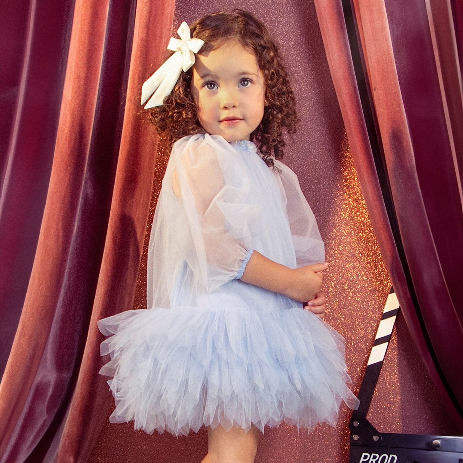 Baby Girls Blue Pearl Tulle Dress, 1, hi-res
