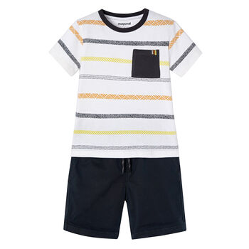 Boys White & Navy Striped Shorts Set