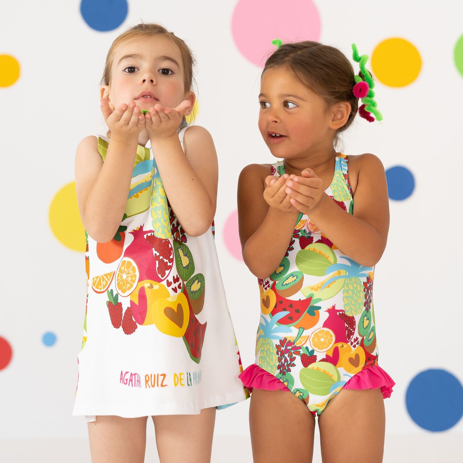 Girls White Logo Fruit Dress, 1, hi-res