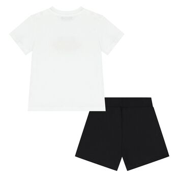 Younger Boys White & Black Logo Shorts Set