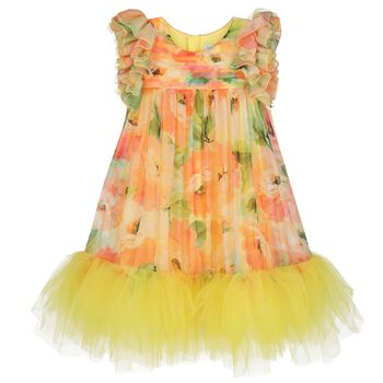 Girls Yellow & Orange Floral Tulle Dress
