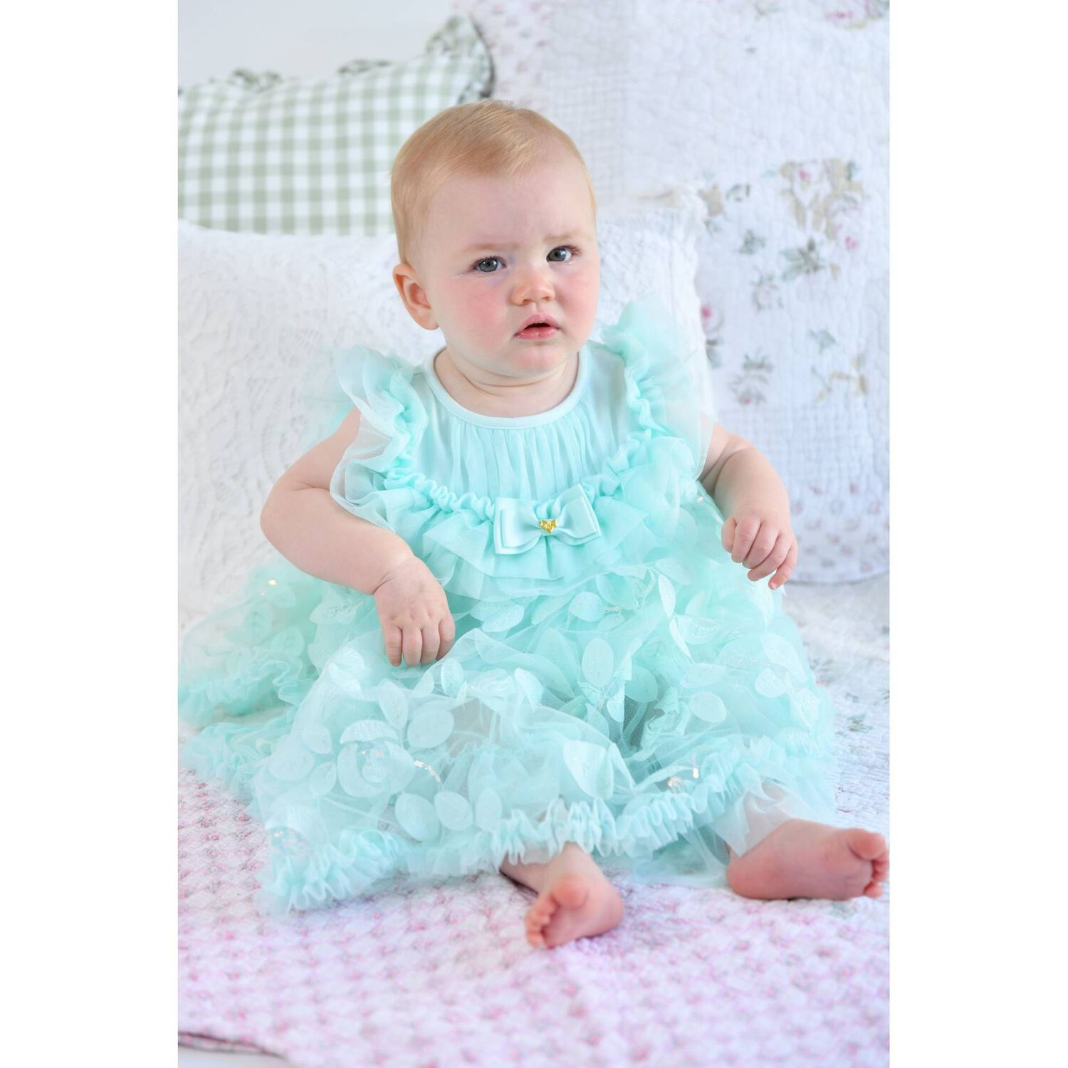 Baby Girls Green Appliqued Tulle Dress, 2, hi-res