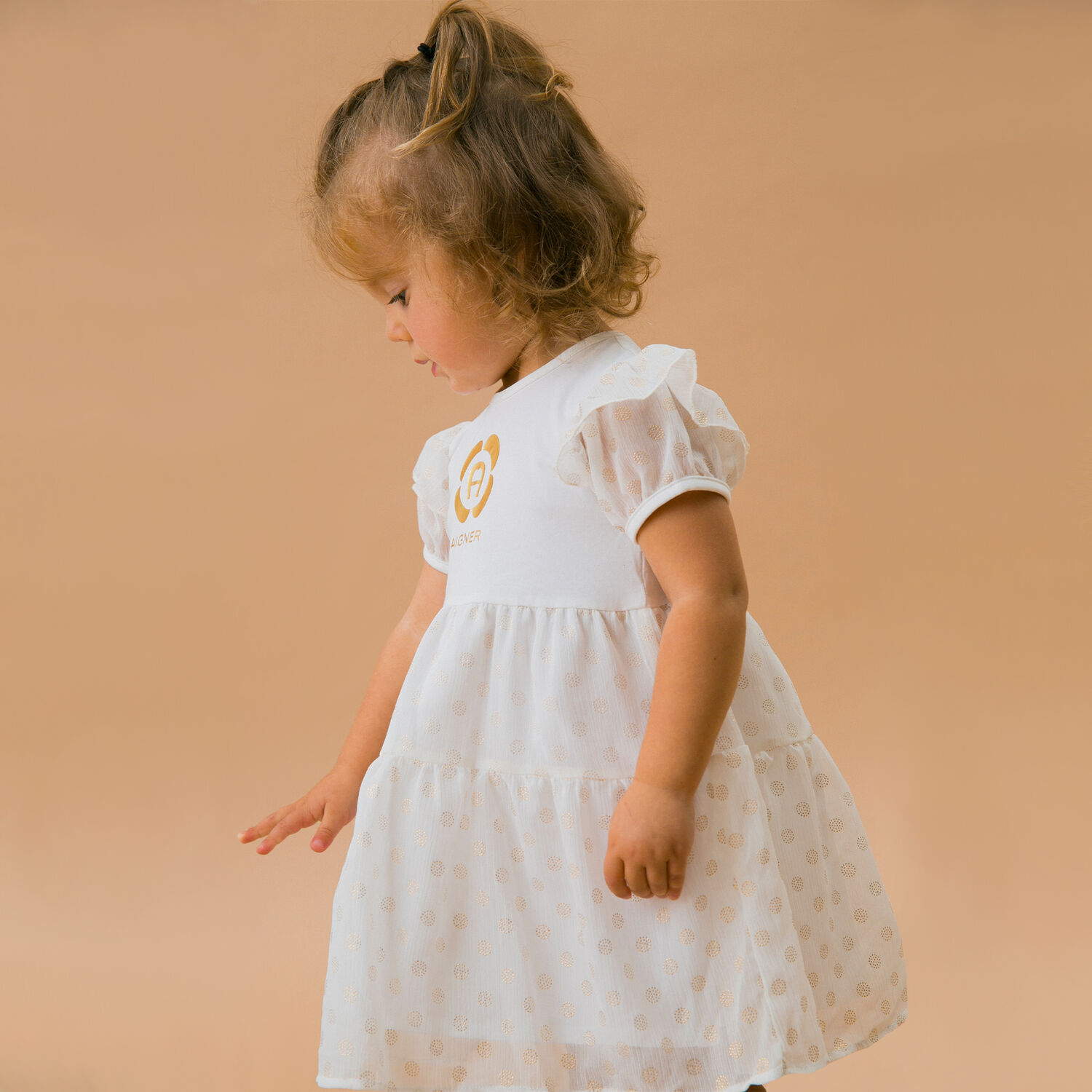 Younger Girls White & Gold Chiffon Dress, 1, hi-res