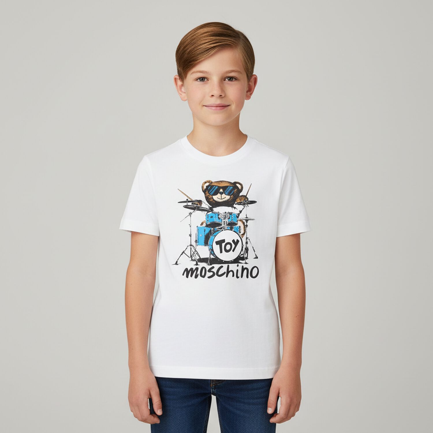 White Logo Drummer Bear T-Shirt, 1, hi-res