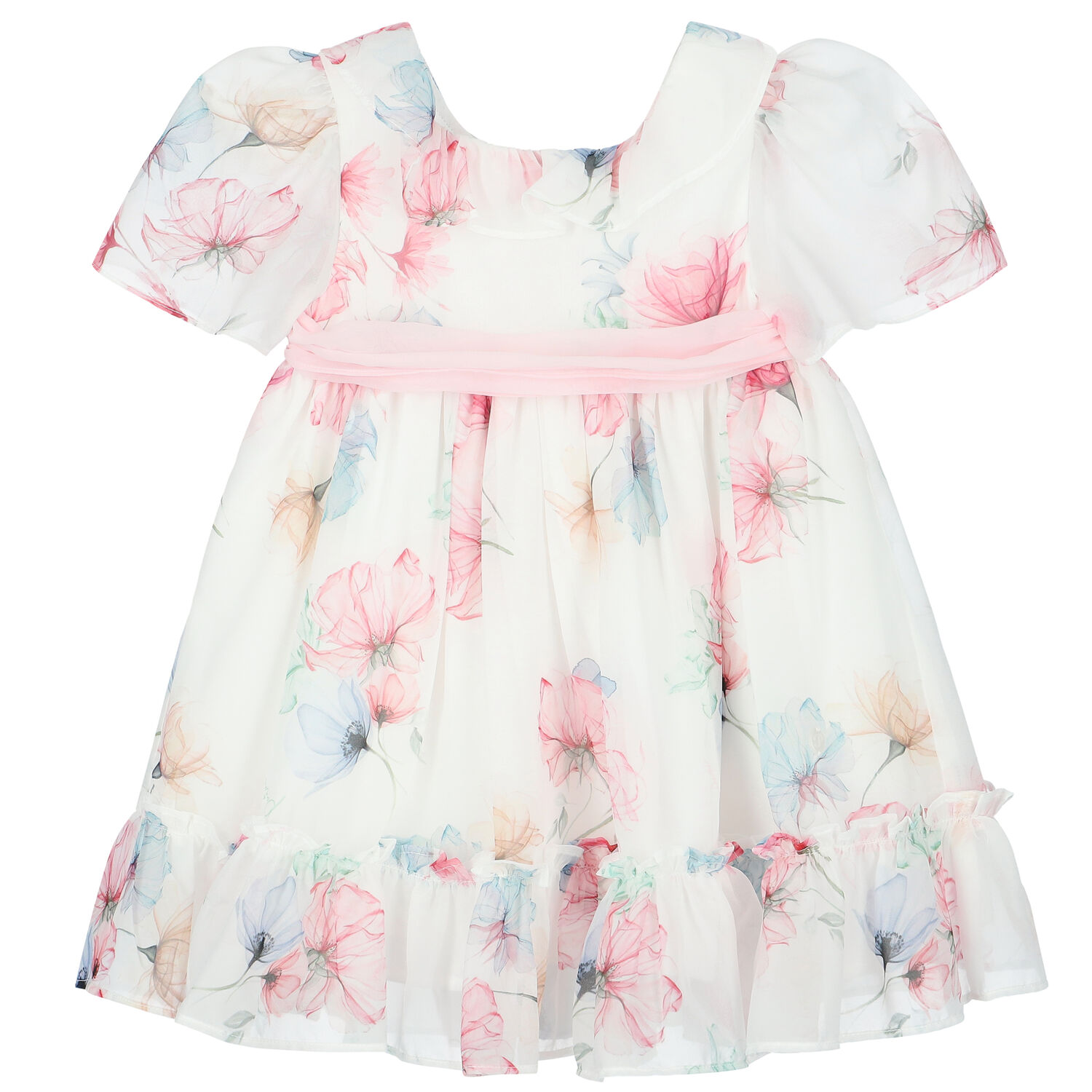 Younger Girls White Floral Chiffon Dress, 1, hi-res