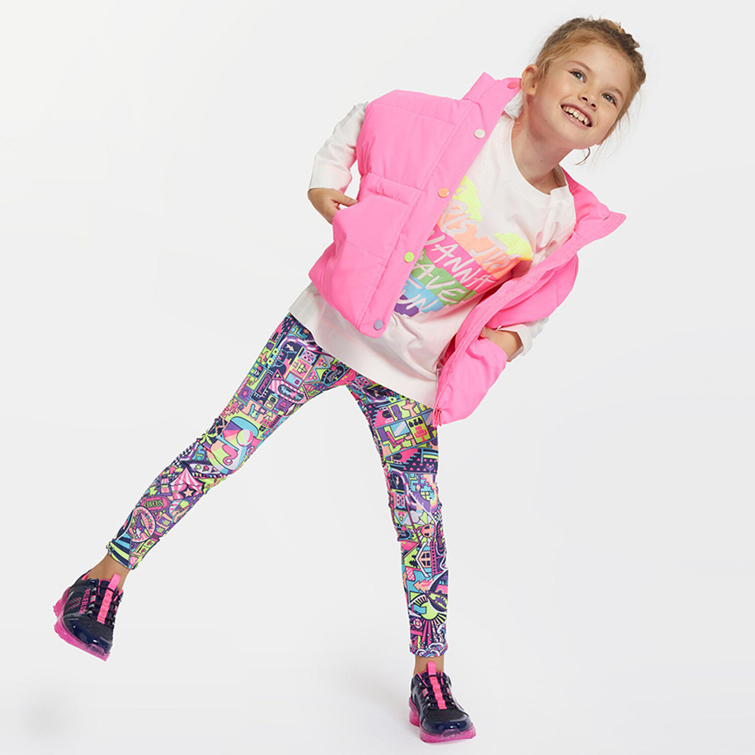 Girls Blue & Neon Pink Leggings, 1, hi-res