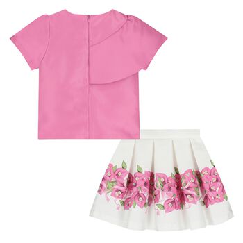 Girls Pink & White Floral Skirt Set