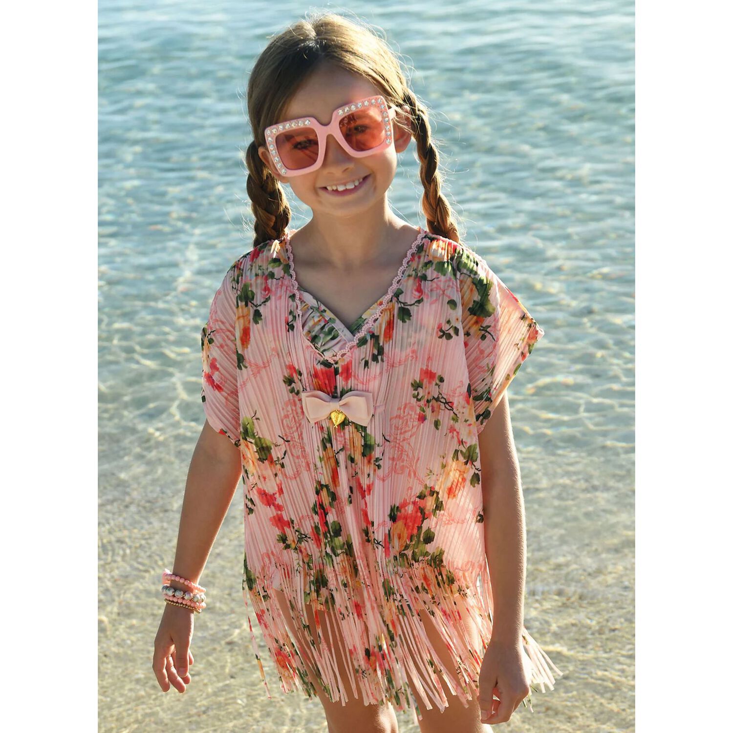 Girls Pink Pleated Kaftan, 1, hi-res image number null