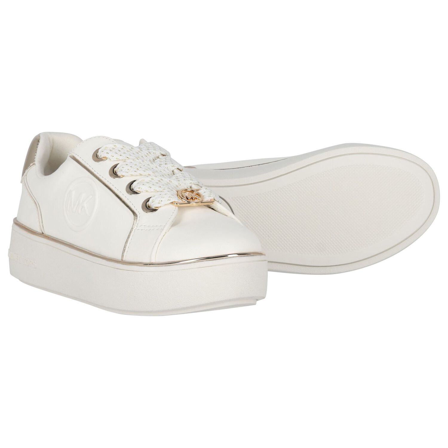 Girls Ivory & Gold Logo Trainers, 1, hi-res