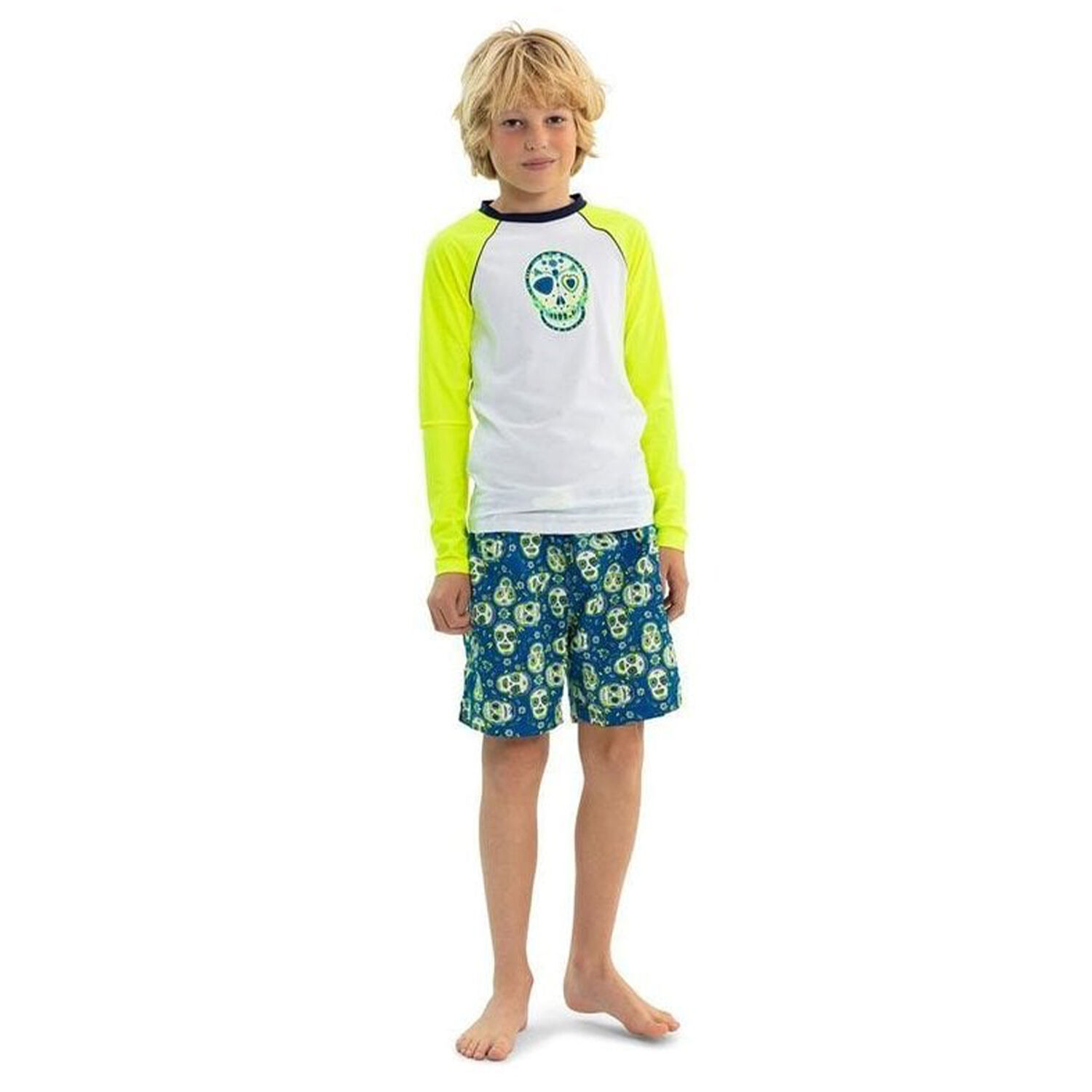 Boys White Skulls Long Sleeve Rash Vest UPF 50+, 1, hi-res