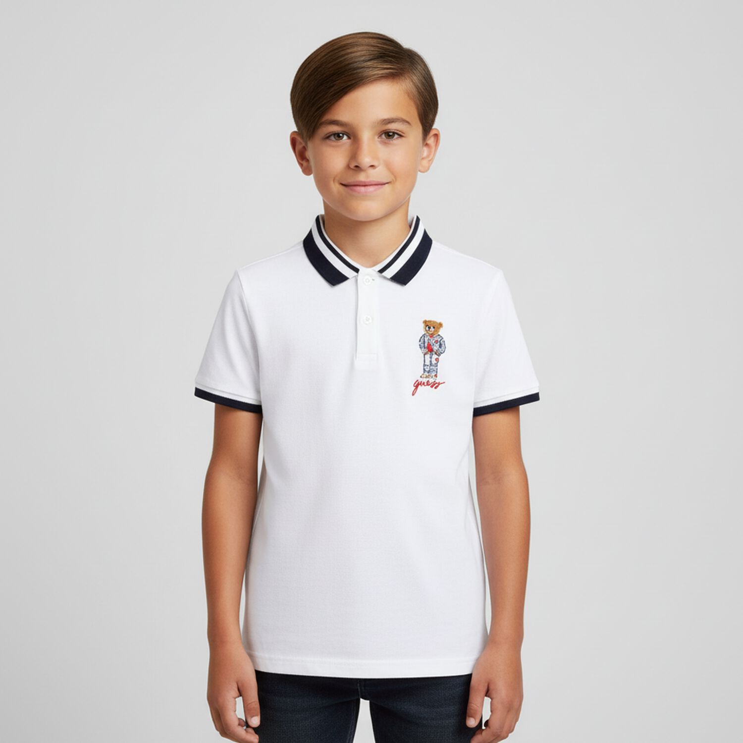 Boys White Teddy Bear Polo Shirt, 1, hi-res