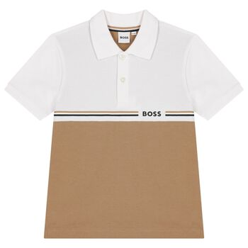 Boys White & Beige Logo Polo Shirt
