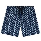 Boys Navy Blue Sharks Swim Shorts, 1, hi-res
