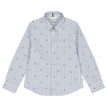 BOSS Boys White & Blue Striped Logo Shirt, 2 Boys White & Blue Striped Logo Shirt