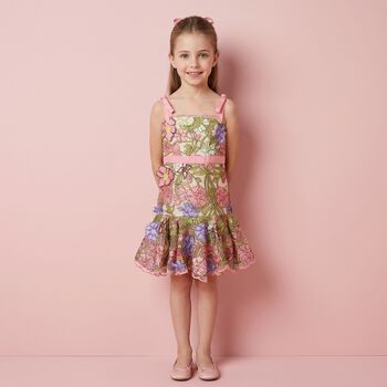 Girls Ivory & Pink Floral Embroidered Dress
