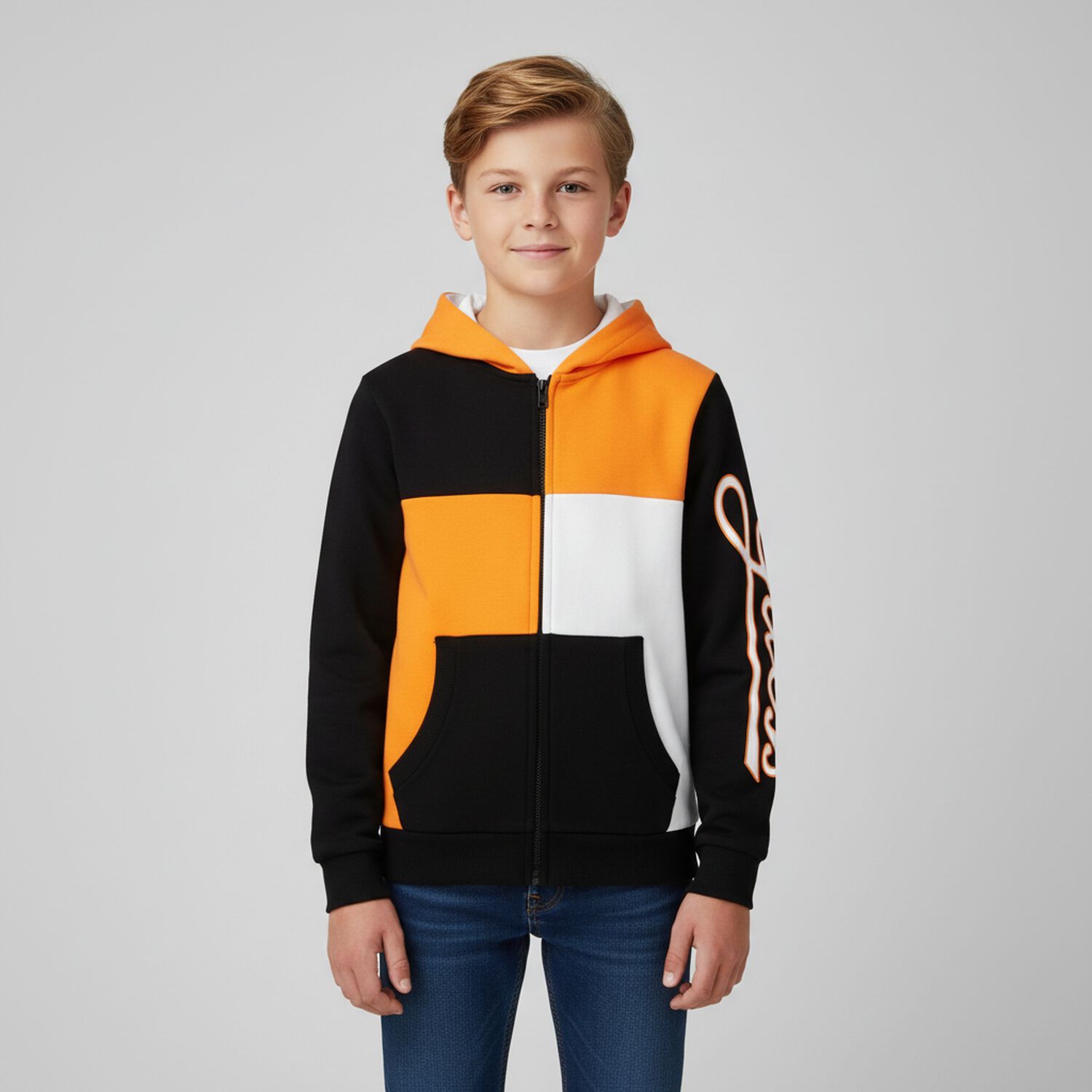 Boys Black Logo Hooded Zip Up Top, 1, hi-res