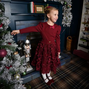Girls Burgundy 3D Flower & Sequin Tulle Aliza Skirt