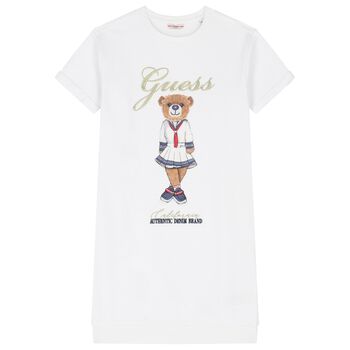 Girls White Cotton Logo Bear Dress