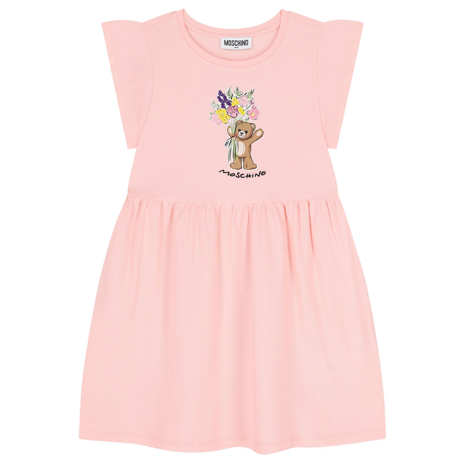 Girls Pink Teddy Bear & Flowers Dress, 2, hi-res