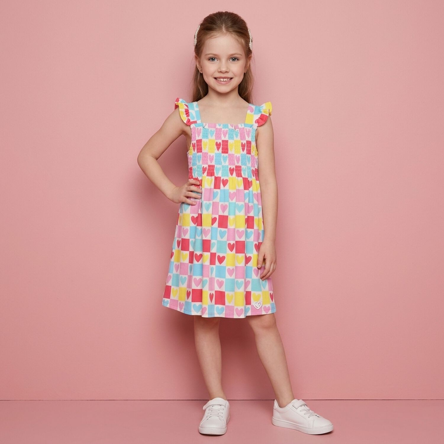 Girls Multi-Coloured Hearts Dress, 1, hi-res