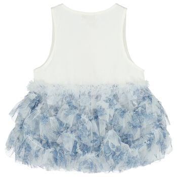 Girls White & Blue Floral Tulle Top