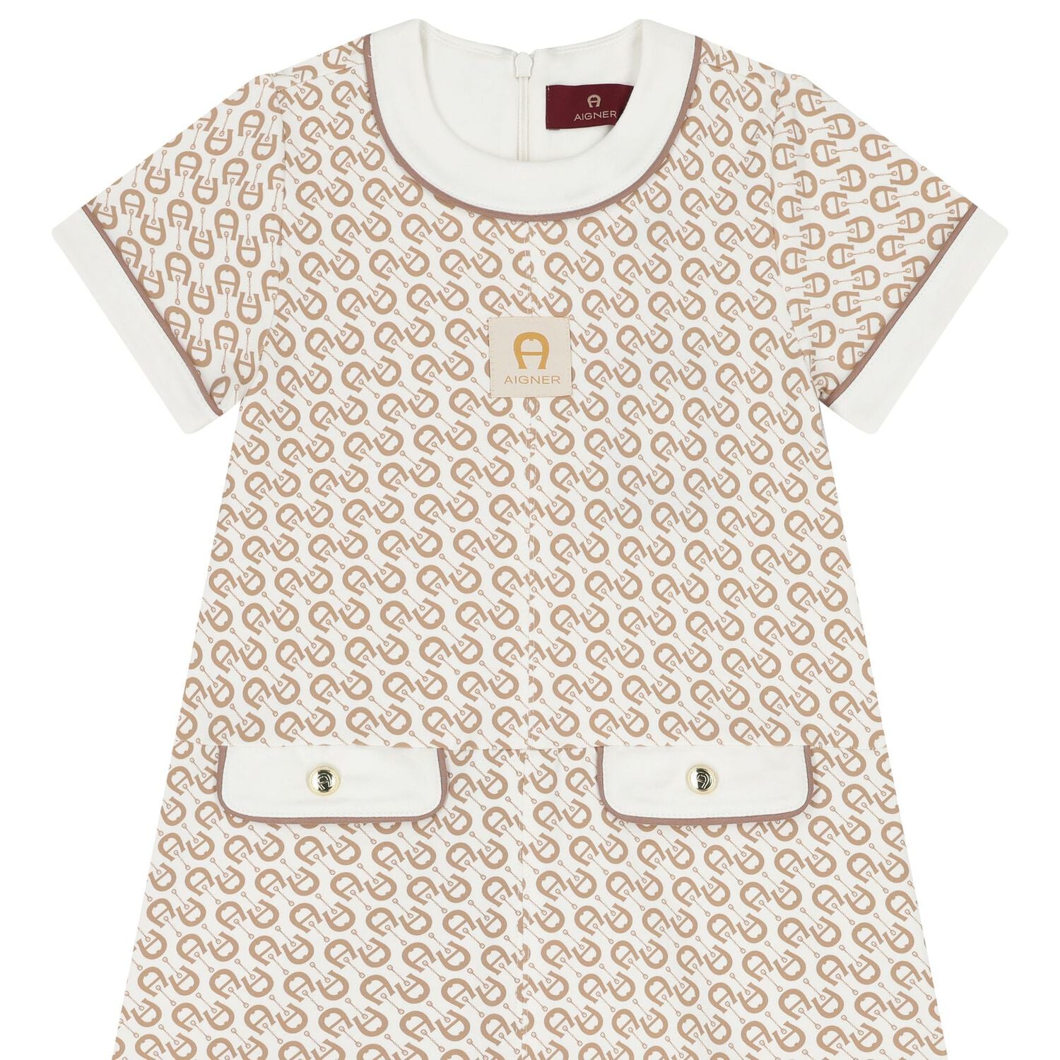 Girls Ivory & Beige Logo Dress, 1, hi-res