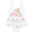 Younger Girls White & Pink Roses & Bear Swimsuit, 1, hi-res