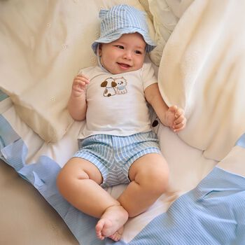 Baby Boys White & Blue  Striped Shorts & Hat Set 