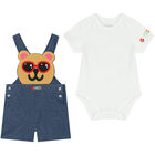 White & Blue Teddy Bear Dungaree Set, 1, hi-res