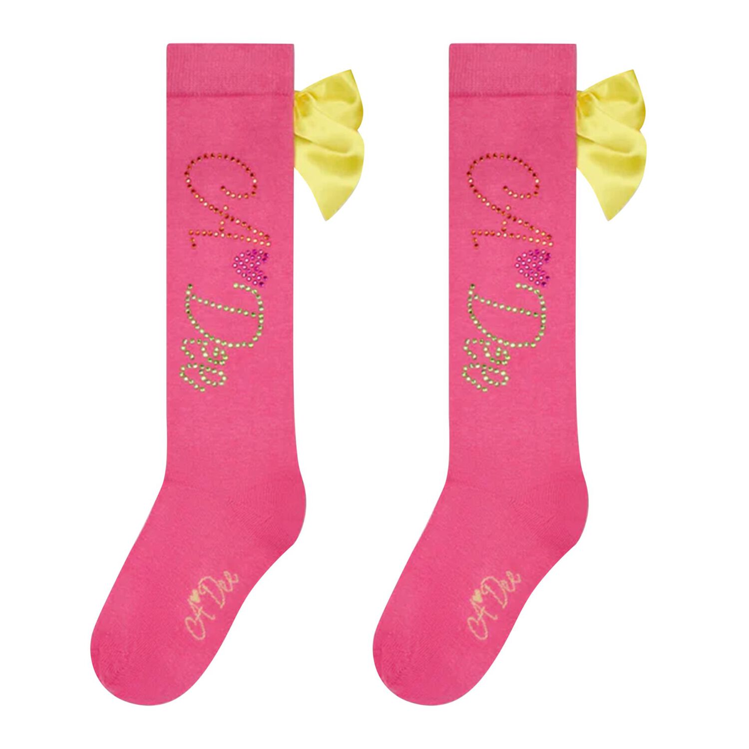 Girls Pink & Yellow Satin Bow Socks, 1, hi-res