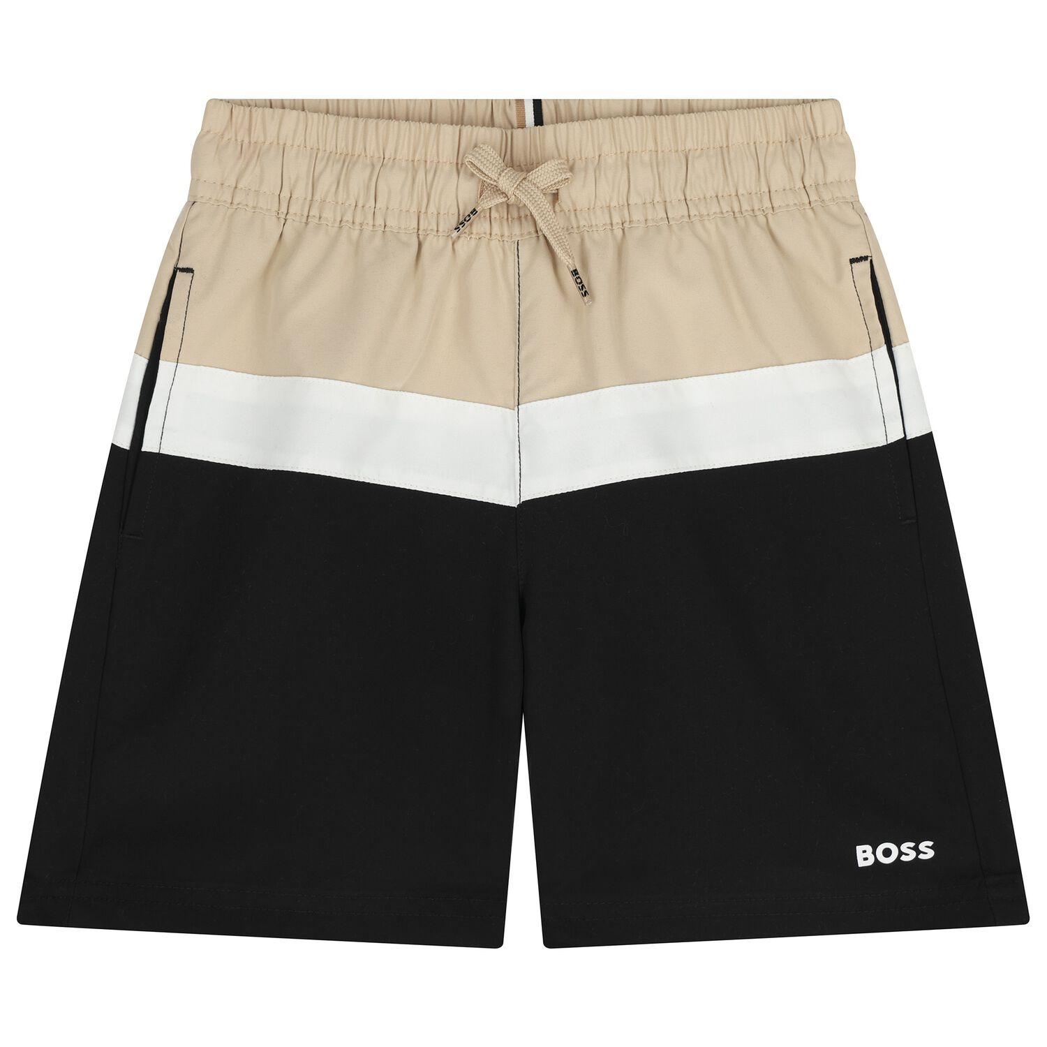 Boys Beige & Black Logo Swim Shorts, 1, hi-res