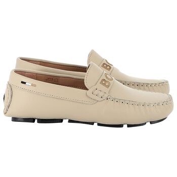 Boys Beige Logo Moccasins