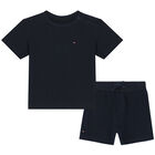 Baby Boys Navy Blue Logo Shorts Set, 1, hi-res