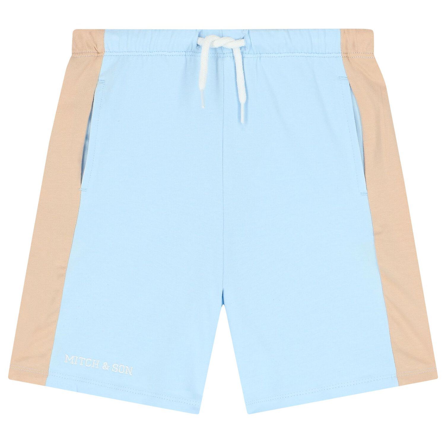Boys Beige, White & Blue Logo Shorts Set, 1, hi-res