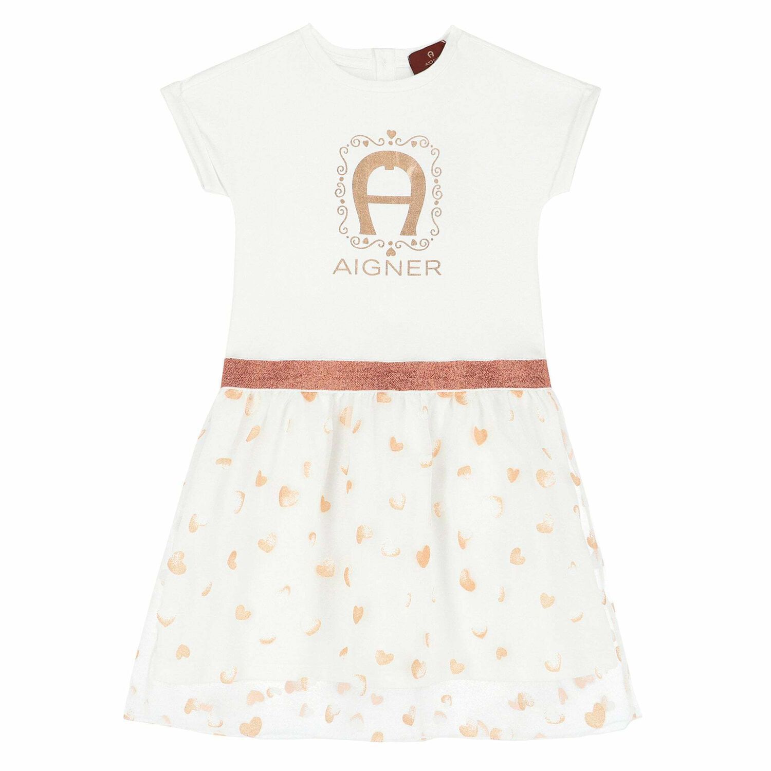 Girls White & Gold Logo Dress, 1, hi-res