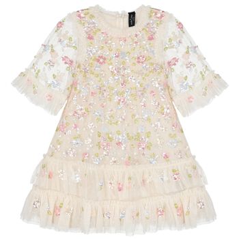 Girls Ivory Floral Tulle & Sequin Dress