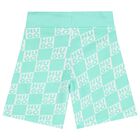 Boys Aqua & White Check Logo Shorts, 2, hi-res